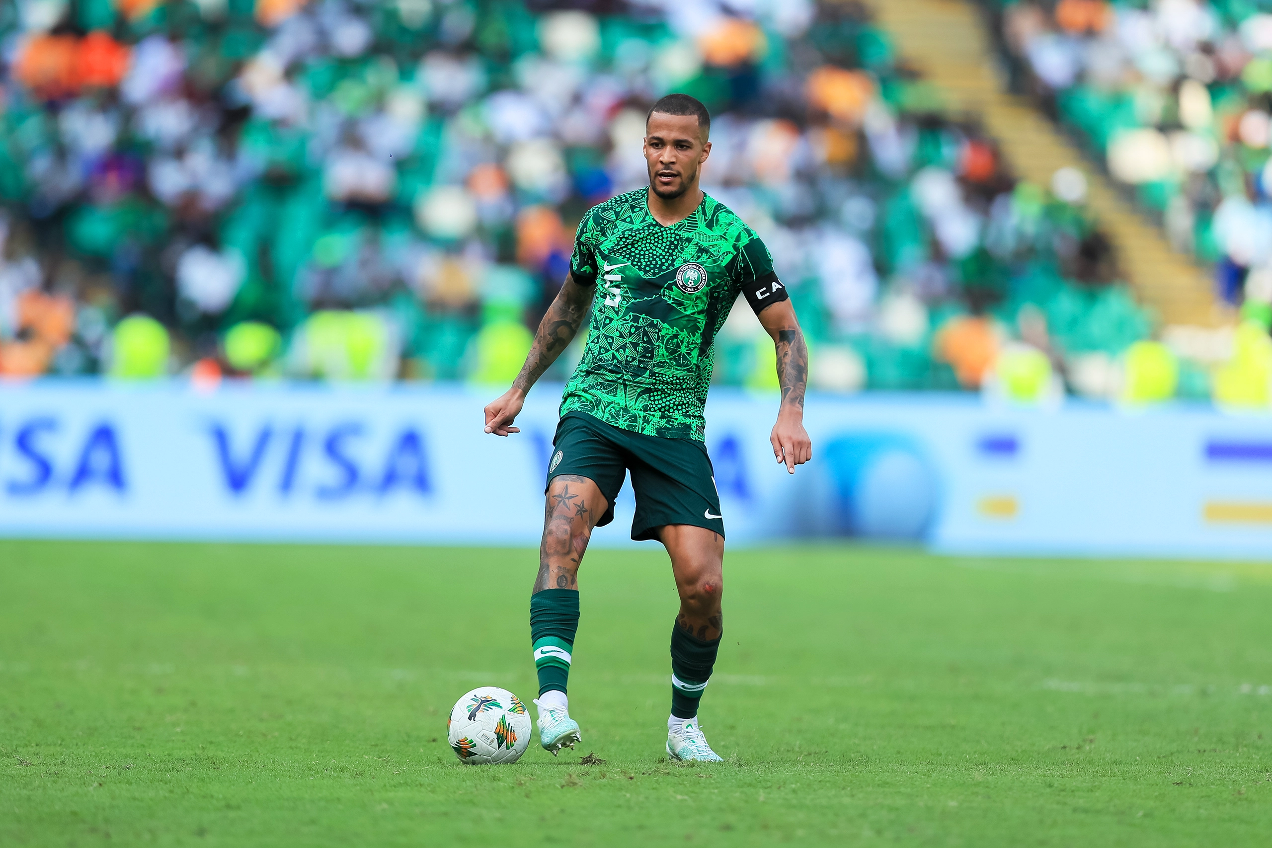 William Troost-Ekong playing in his green Nigeria kit in the first game of the African Cup of Nations